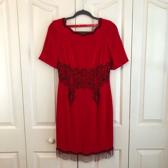 Vintage 80s Niteline Della Roufogali Red Beaded Velvet Strap Dress Size Small - Picture 1 of 16